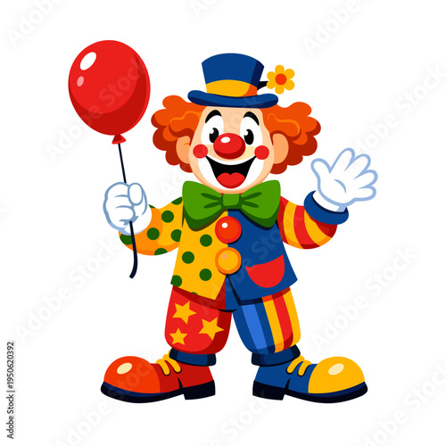 Cheerful clown character smiling and waving, wearing colorful costume, entertaining kids at a fun event