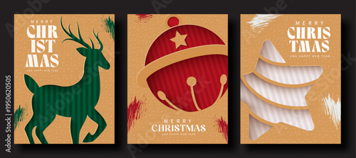 Christmas poster set, greeting card, cover design with deer, ornament ball, fir tree and festive typography in paper cut geometric style on warm retro backgrounds for seasonal decoration
