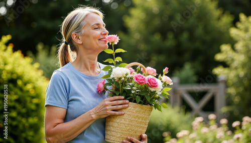 Woman in her 50s, standing in a garden with a basket of freshly cut flowers, smelling a rose  