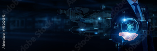 Logistics manager hand holding with worldwide network connection, supply chain management, product delivery, global logistics, inventory control, distribution concept.