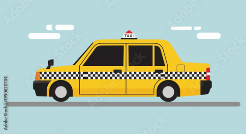Yellow Taxi Cab Driving on Road, City Transportation Concept, Flat Design