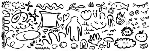 Large collection of hand-drawn doodles and graphic elements. Set includes abstract lines, stars, hearts, as well as simple drawings of characters, plants, and objects in a playful style. Vector illust