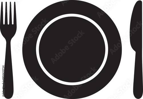 Classic black and white illustration of a fork, plate, and knife set