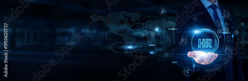 Fotografia HR manager hand holding with worldwide network connection, talent management, recruitment process, workforce development, employee relations, human resource concept