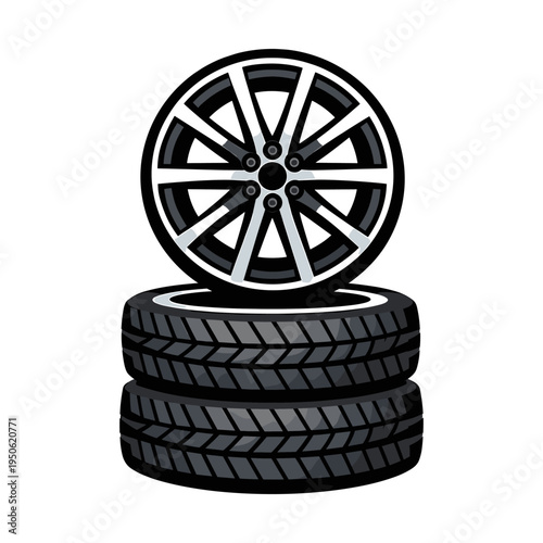 Car wheel with alloy rim sitting on a stack of new rubber tires for vehicle automotive service