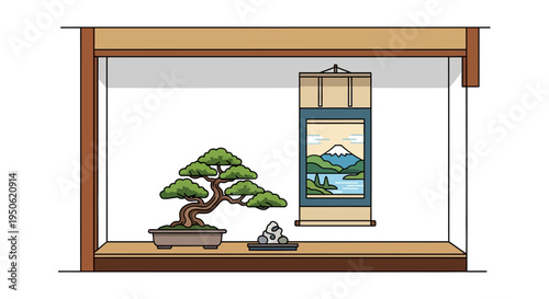 Japanese Bonsai Tree and Scroll Painting in Traditional Alcove