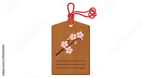 Japanese Ema Prayer Plaque with Cherry Blossoms and Red Cord