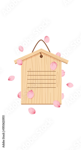 Japanese Ema Prayer Plaque with Falling Cherry Blossoms