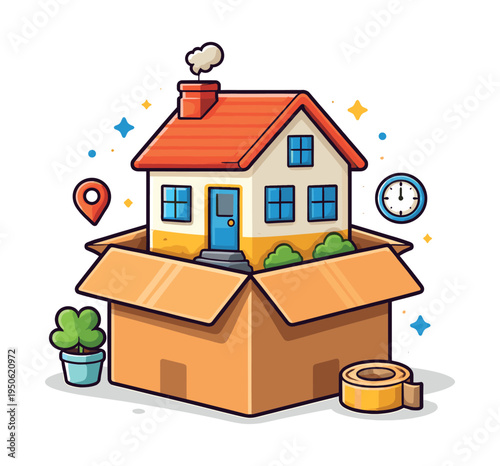 House moving into a cardboard box with a location pin, alarm clock, potted plant, and tape, visualizing relocation services