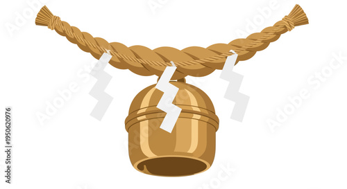 Japanese Shimenawa Rope with Bell and Zigzag Paper Strips