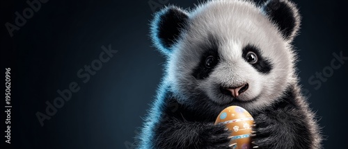 Festive panda and egg: sending easter wishes worldwide. Data analysis. Panda cub's easter delight: holding a vividly decorated egg. Analytics dashboard. Financial planning.