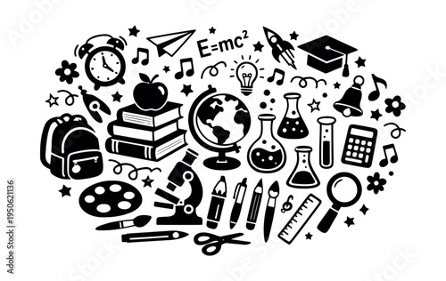 School supplies and science equipment icons for learning, studying, and back to school advertising