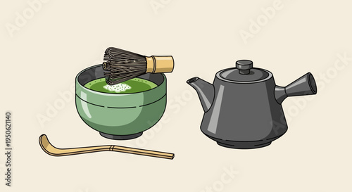 Traditional Japanese Matcha Tea Set: Whisk, Bowl, and Teapot