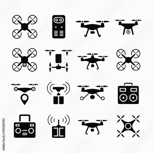 A collection of drone icons and symbols in a flat, minimalist design style