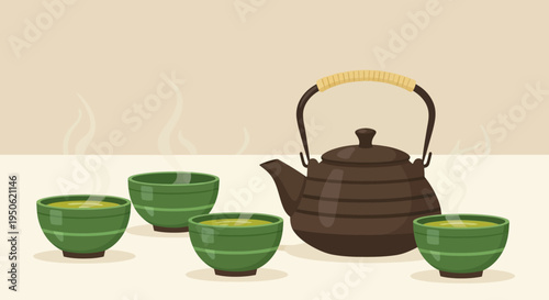 Traditional Japanese Tea Ceremony: Matcha Green Tea in Ceramic Cups with Kettle