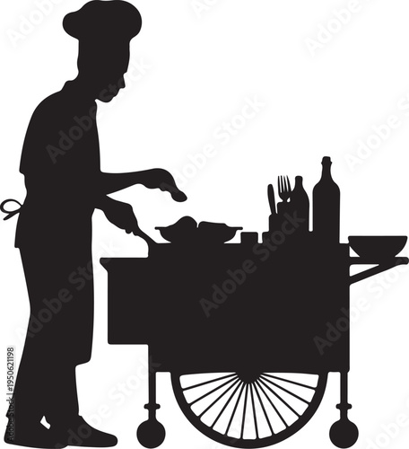 Chef preparing food at a mobile kitchen cart with culinary tools nearby