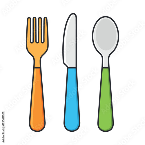 Utensil set with orange, blue, and green handles. Fork, knife, spoon are cartoon style icons representing dining