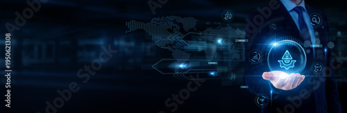 Risk manager hand holding with worldwide network connection, business risk analysis, financial protection strategy, corporate governance systems, risk management concept.