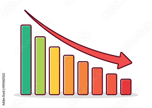 Bar chart illustrating a downward trend, symbolizing financial loss, market crash, and business failure with a falling red arrow