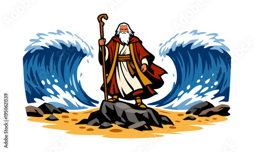 Prophet Moses standing on dry land, confidently holding his staff as two massive water waves form a wall on each side