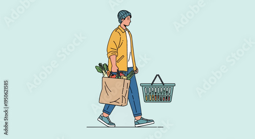 Full length side profile of a young man walking while carrying a brown paper bag filled with fresh organic vegetables and a green shopping basket in a flat vector art style.