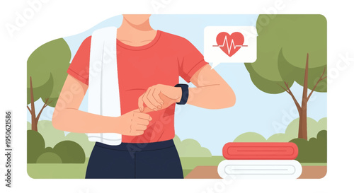 Flat vector illustration of a person in athletic wear checking heart rate on a smartwatch while standing in an outdoor park with a white towel over shoulder and stylized green trees.