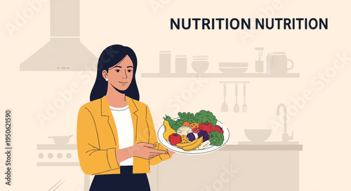 Flat vector illustration of a professional female nutritionist in a yellow blazer holding a white plate of fresh fruits and vegetables in a modern kitchen background with text.