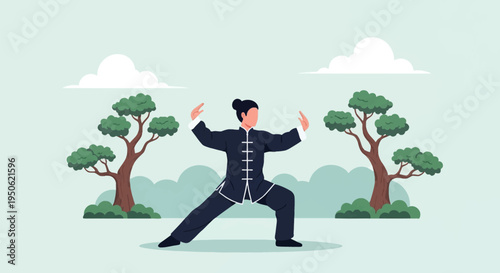 Vector illustration of a person in a traditional dark martial arts uniform practicing Tai Chi in a stylized outdoor landscape with green trees, rolling hills, and white clouds.