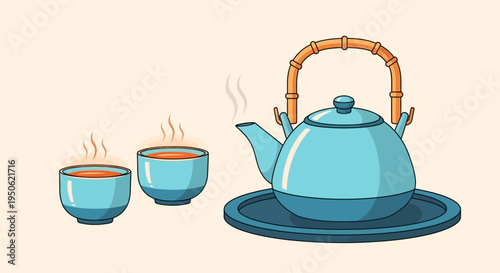 Blue Ceramic Tea Set with Steaming Cups and Kettle on Tray