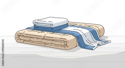 Clean Stacked Bedding: Duvet, Comforter, and Folded Linens on White Surface