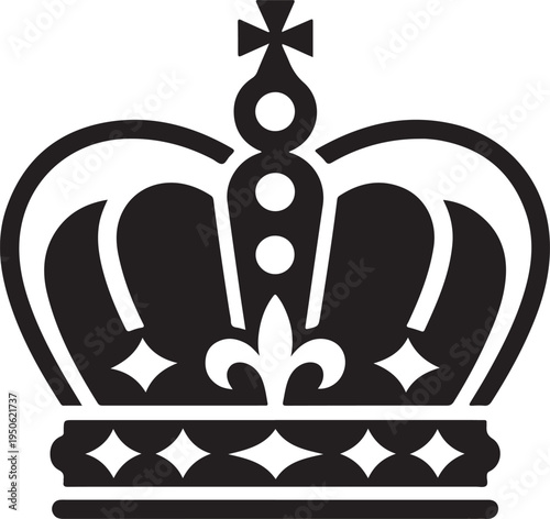 Traditional black and white illustration of a regal crown with decorative elements