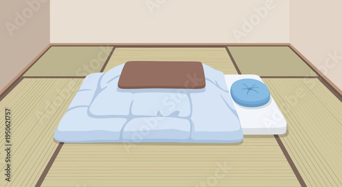 Cozy Japanese Kotatsu Table with Cushion on Tatami Floor