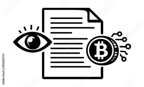 Eye icon monitoring a document with lines, representing data, connected to a bitcoin coin with circuit lines, illustrating blockchain ledger and cryptocurrency tracking