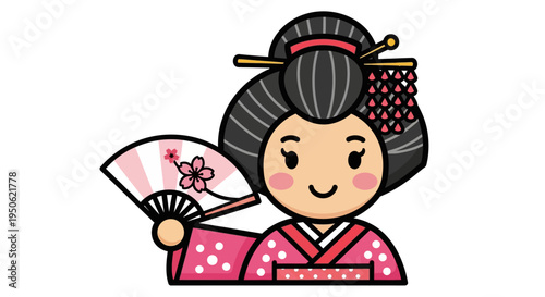 Cute Geisha Illustration with Fan, Japanese Culture Icon, Pink Kimono, Cherry Blossom