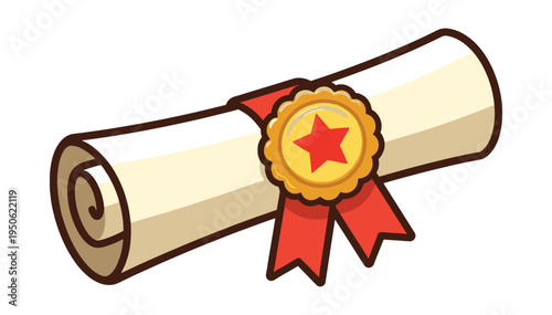Rolled diploma scroll tied with a red ribbon and golden seal with a red star, symbolizing education, success, and official recognition