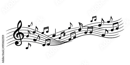 Musical notes and a treble clef creating a flowing melody on a stave, symbolizing harmony, composition, and sound