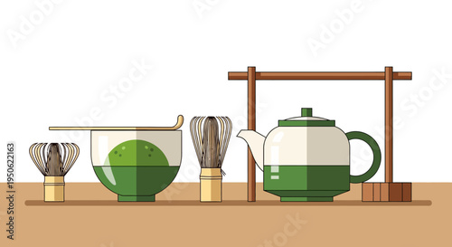 Traditional Japanese Matcha Tea Ceremony Set with Whisk, Bowl, and Teapot