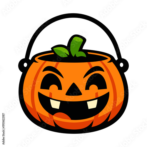 Cartoon pumpkin bucket featuring a grinning jack-o'-lantern face with teeth and tongue, great for Halloween celebrations