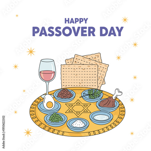 A festive illustration depicting a happy passover day with traditional seder plate elements