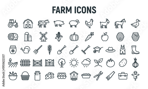 Collection of farm related icons in a linear minimalist style