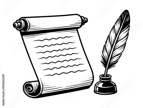 Old paper scroll presenting wavy text lines next to a feather pen in an ink pot, depicting ancient manuscripts