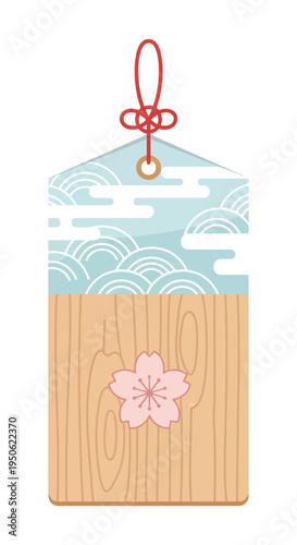 Japanese Ema Prayer Plaque with Cherry Blossom and Wave Pattern