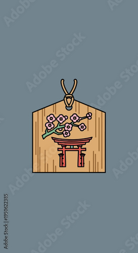 Japanese Ema Prayer Plaque with Torii Gate and Cherry Blossoms
