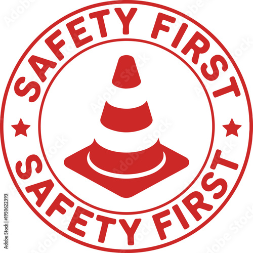 Safety first stamp featuring a traffic cone symbol for hazard awareness.