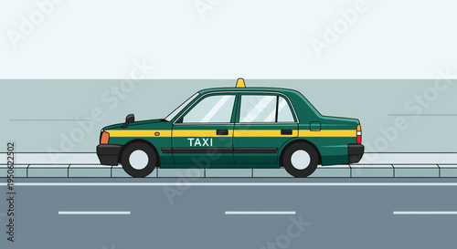 Pixel Art Green Taxi Car Driving on City Street, Retro Style