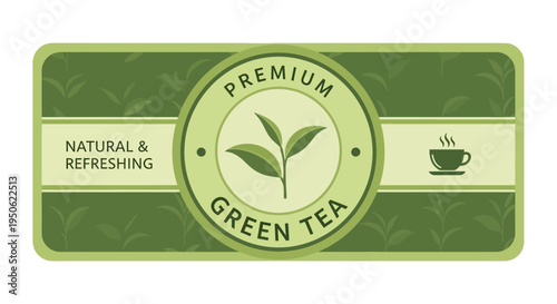 Premium Green Tea Label Design with Tea Leaves and Hot Drink Icon