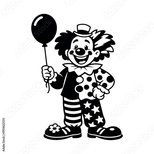 Cheerful clown character presenting a balloon, standing and smiling widely while wearing a classic circus outfit with patterns