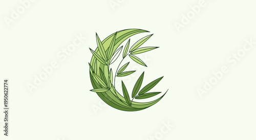 Crescent Moon Shape with Green Bamboo Leaves and Stems, Nature Symbol