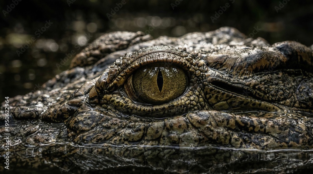 Fototapeta premium Close up view of crocodile eye emerging from murky water with textured skin and slit pupil look