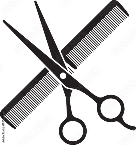 Scissors cutting through a hair comb symbolizing grooming and hair care